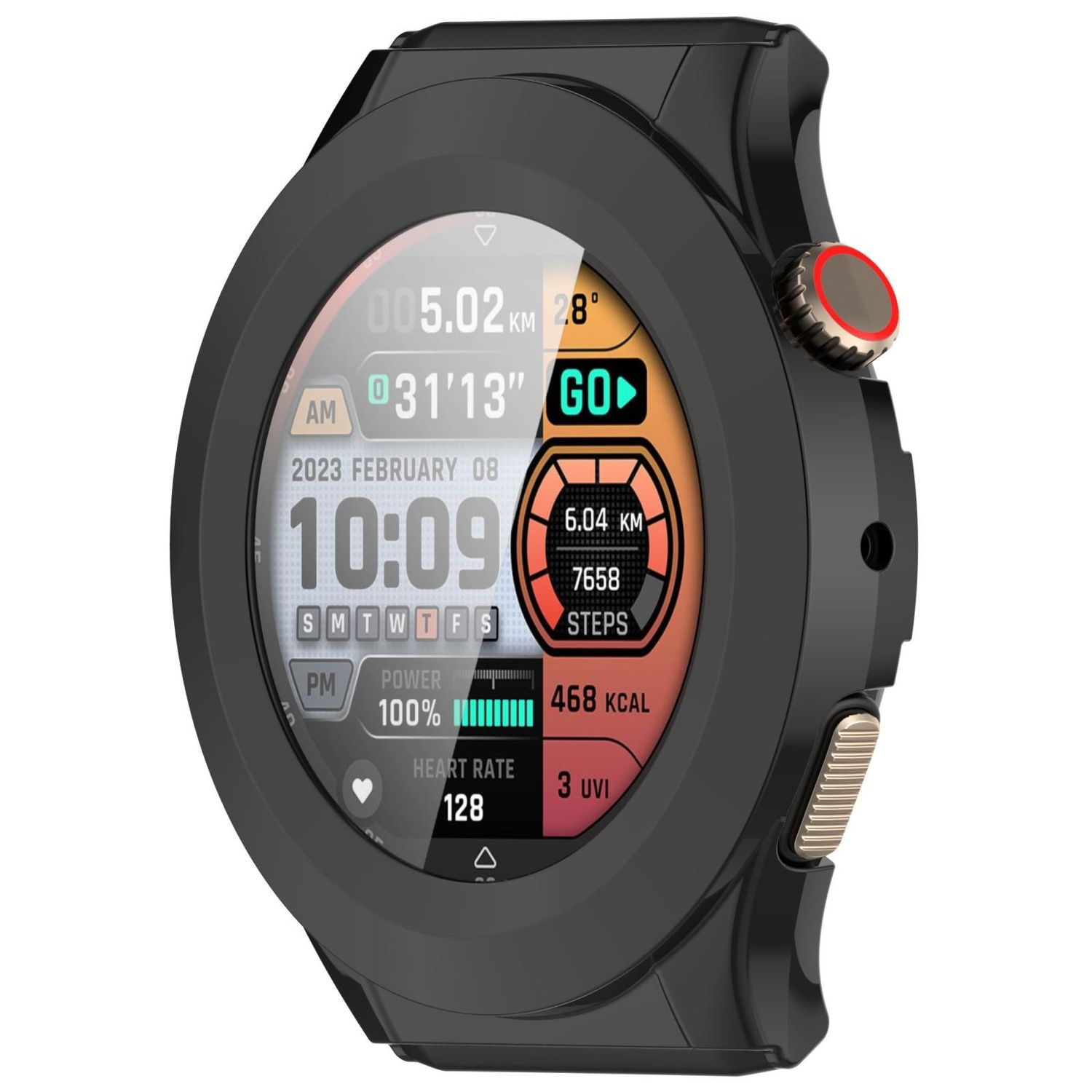 Eine schwarze Smartwatch zeigt Zeit, Schritte und Herzfrequenz, mit rundem Bildschirm und schwarzem Rahmen.