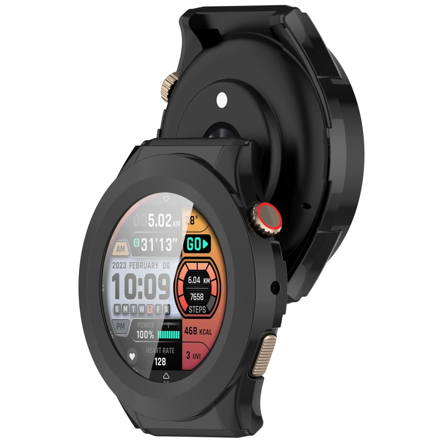 Schwarze Smartwatch mit schwarzem Gehäuse. Display zeigt Zeit, Schritte und Herzfrequenz.