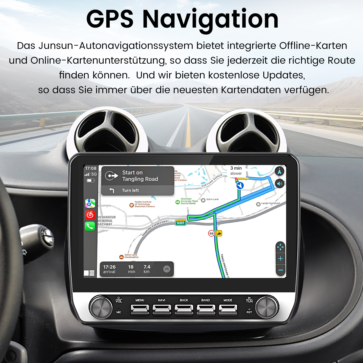 Auto-Armaturenbrett mit GPS-Navigationsbildschirm, der eine Karte anzeigt. Der Bildschirm zeigt eine Route, Zeit und weitere Informationen.