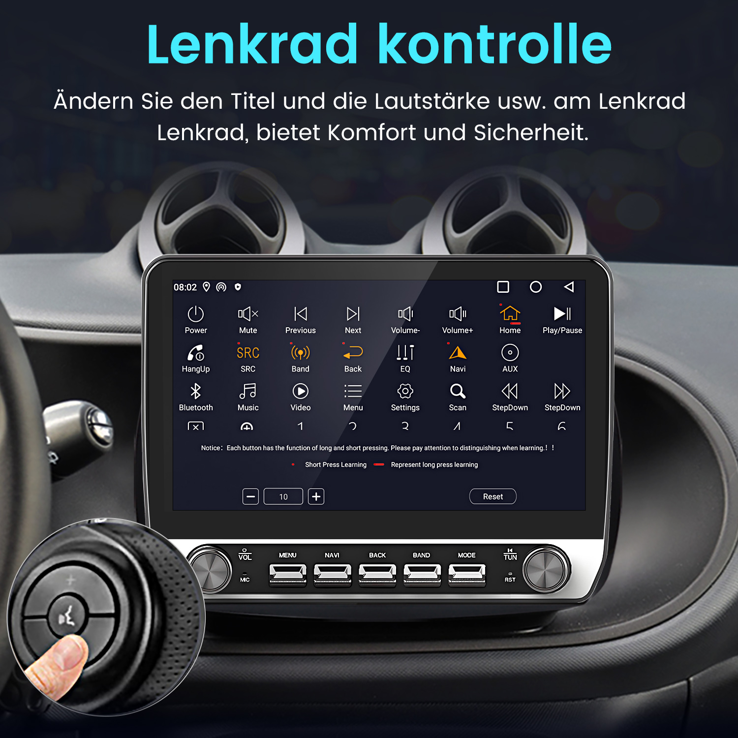 Autoradio mit Touchscreen. Das Lenkrad mit Tasten ist im Vordergrund. Text über Bedienelemente.
