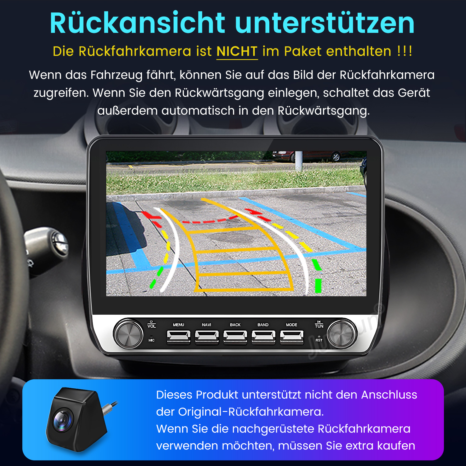 Dashboard-Bildschirm mit einer Parkassistentenansicht. Eine Kamera ist unten abgebildet.