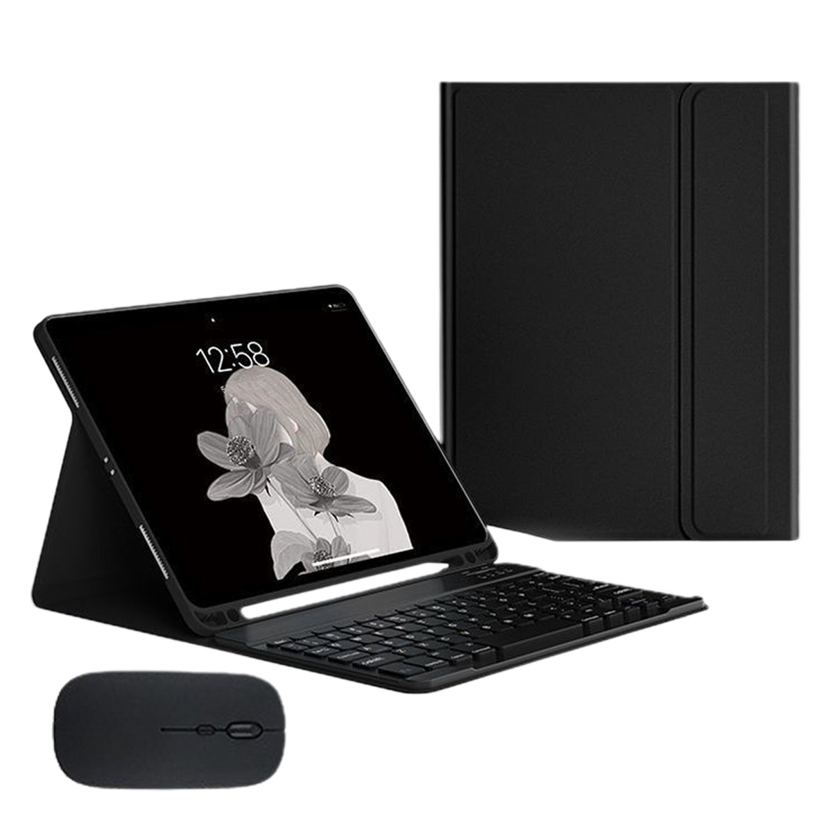 Ein schwarzes Tablet mit Tastatur und Maus. Rechts ist ein schwarzes Case.