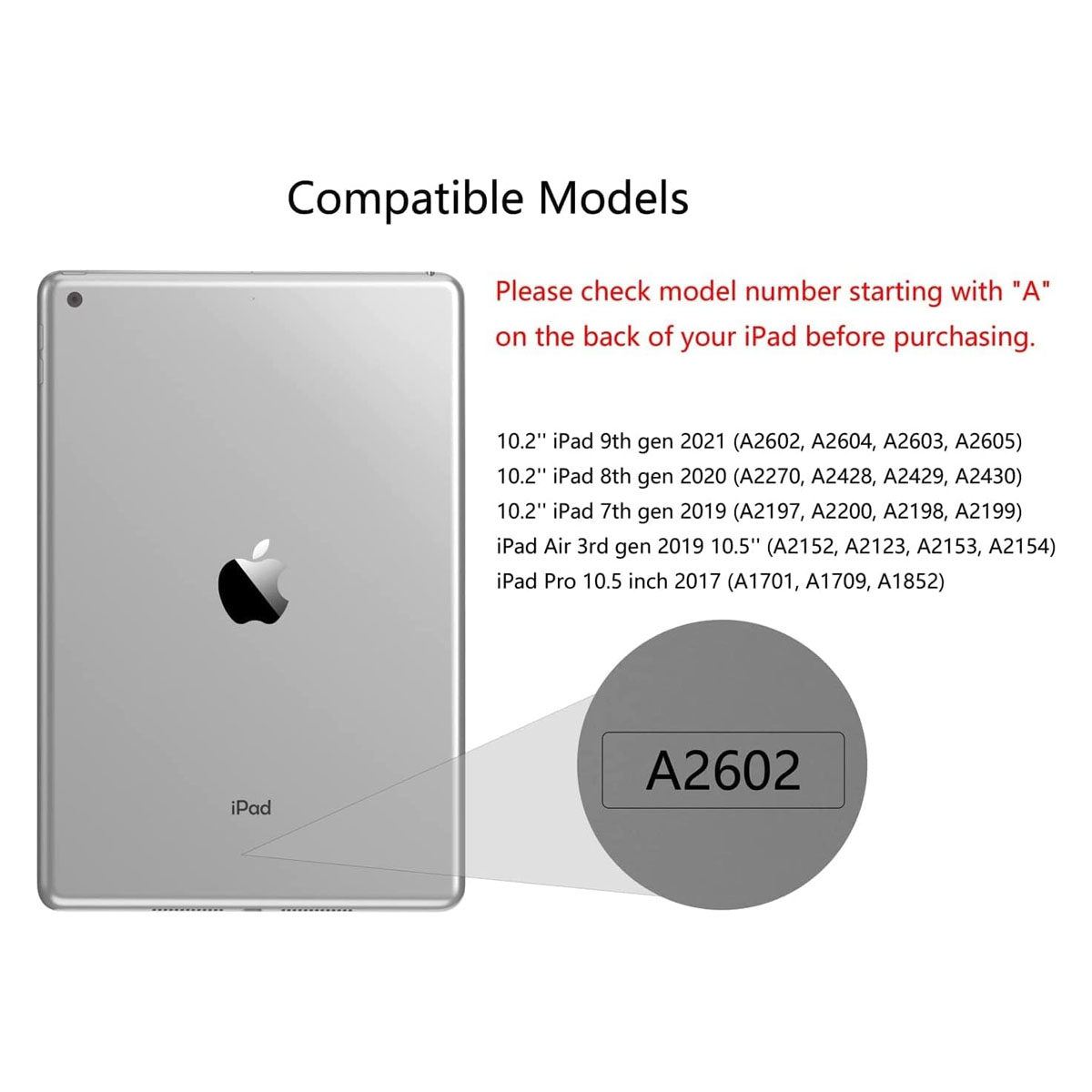 Silbernes iPad mit schwarzem Apple-Logo. Ein Kreis hebt die Modellnummer A2602 hervor.