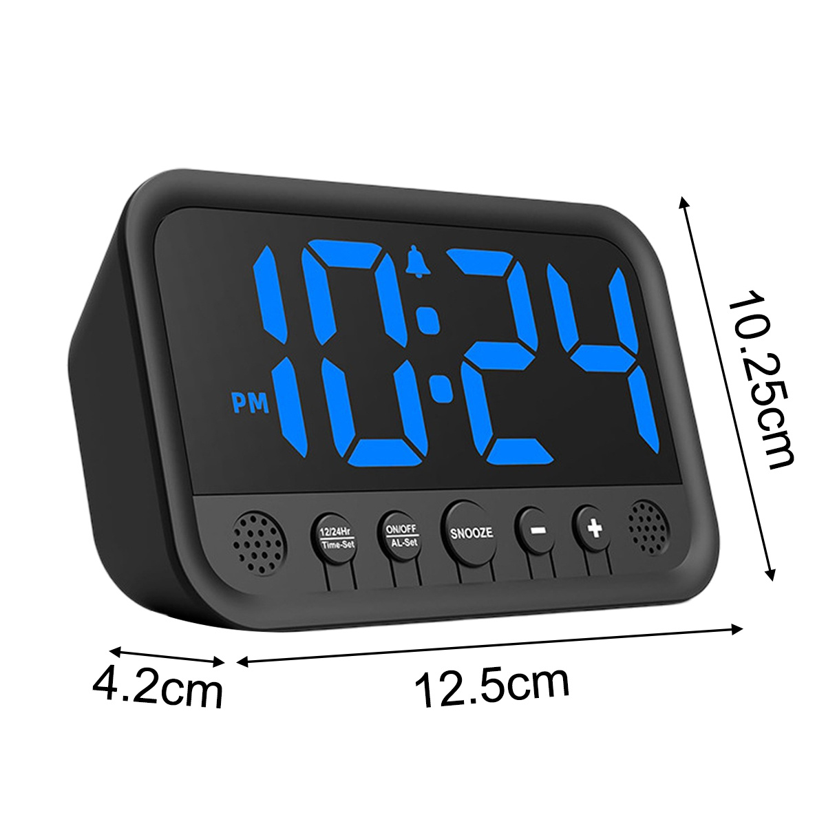 Ein schwarzer digitaler Wecker mit der Anzeige 22:24 Uhr. Abmessungen: 12,5 cm lang, 10,25 cm hoch, 4,2 cm breit.
