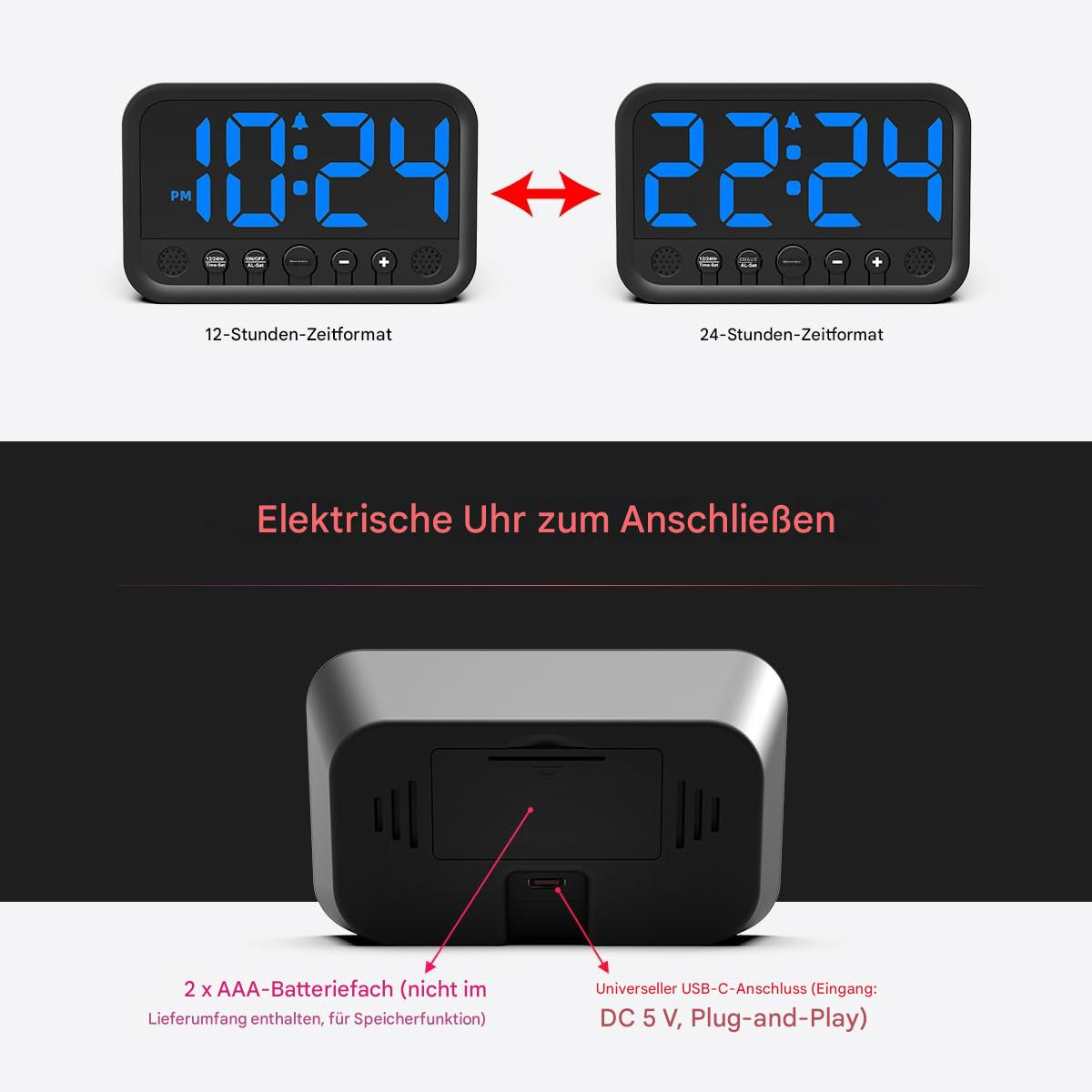 Eine schwarze Digitaluhr mit zwei Anzeigeoptionen. Eine zeigt 10:24 PM, die andere 22:24. Sie hat USB- und Batterieeingang.