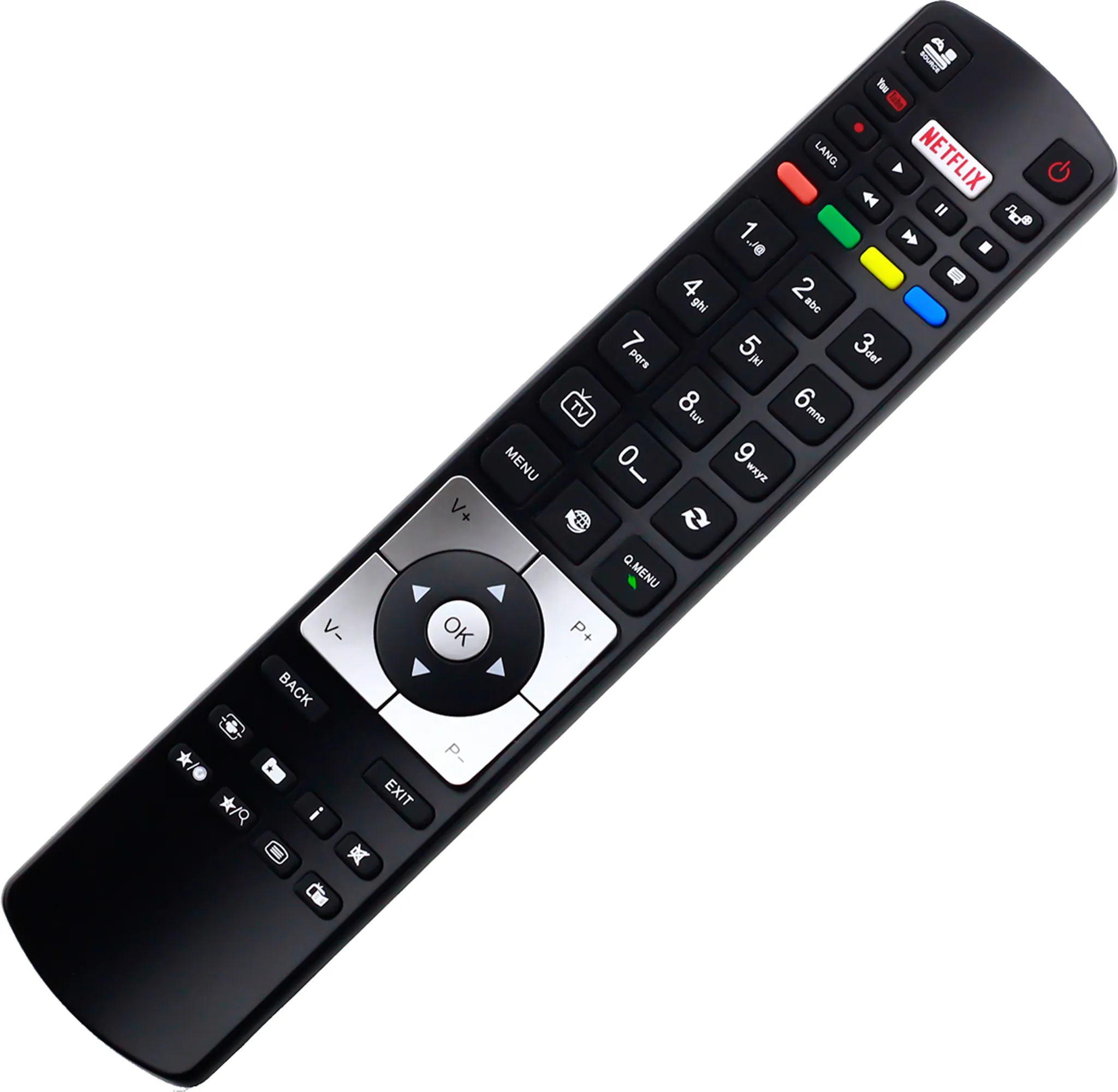 Schwarze TV-Fernbedienung mit mehreren Tasten und Netflix-Taste.