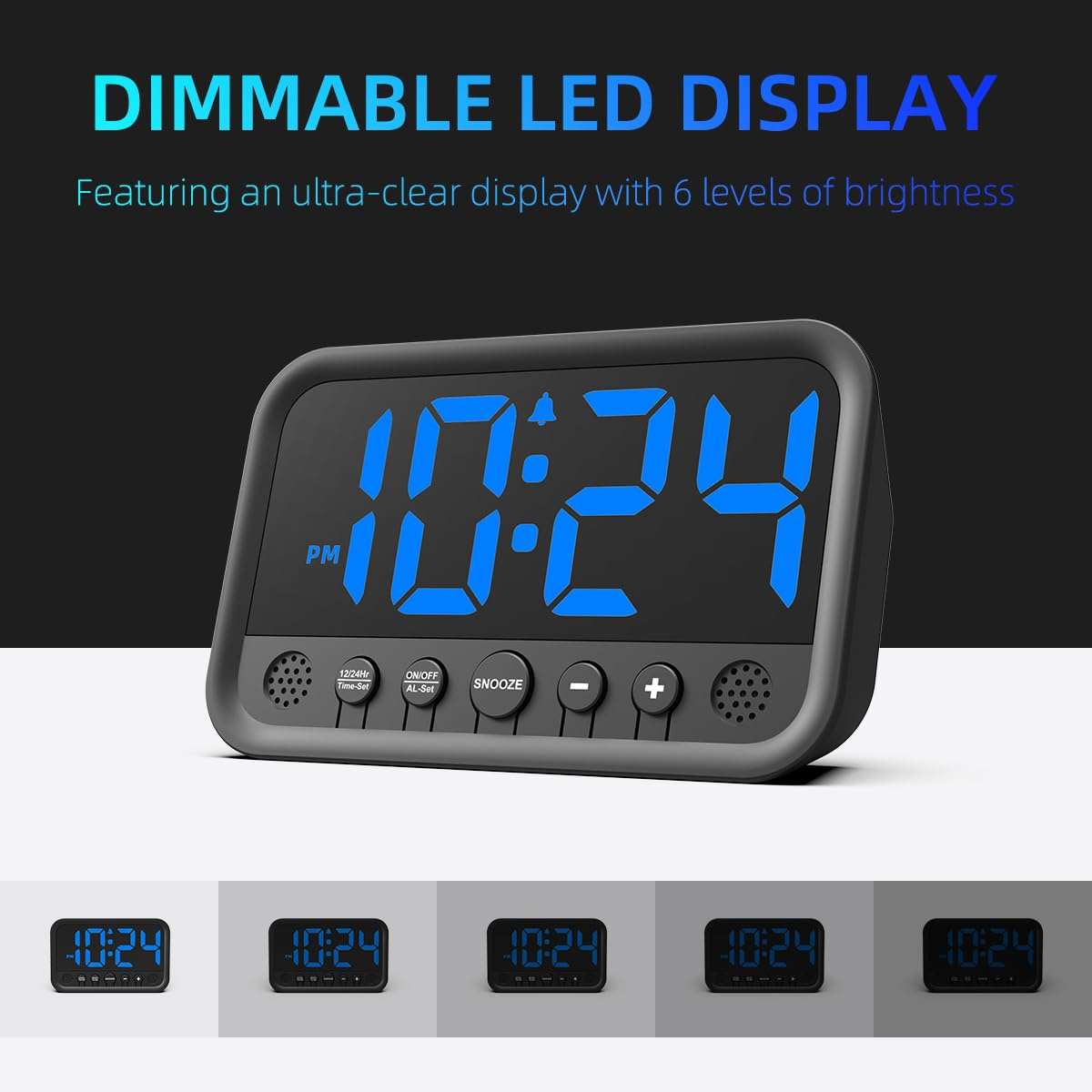 Digitaler Wecker mit 10:24 PM Anzeige und einstellbaren Helligkeitsstufen. Mit Bedientasten.