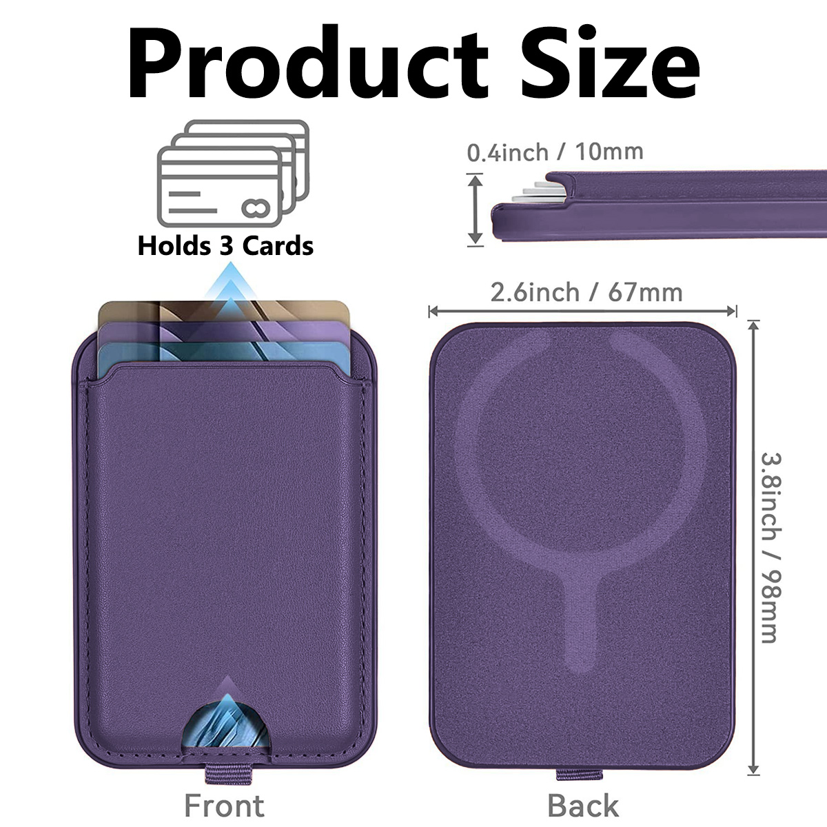 Eine lila Telefonbrieftasche mit den Abmessungen: 3,8 x 2,6 Zoll, 0,4 Zoll dick. Sie fasst 3 Karten.