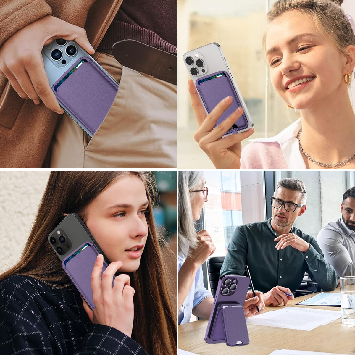 Menschen benutzen violette Telefon-Geldbörsen. Sie werden in Taschen, Händen und auf einem Tisch gezeigt. Verschiedene Personen sind in den Szenen.