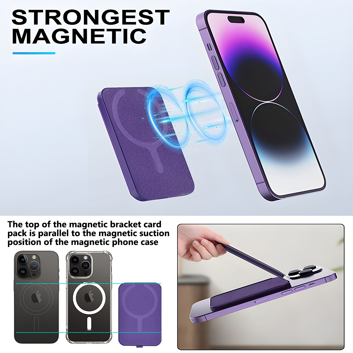 Lila magnetische Handyhülle mit Kartenhalter. iPhone im Hintergrund, Text: 'Strongest Magnetic'.