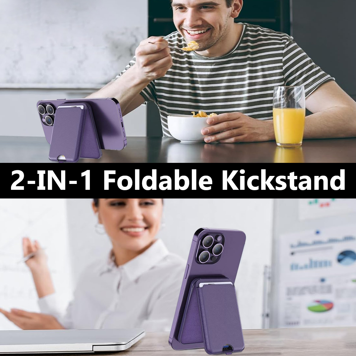 Ein Mann und eine Frau. Ein Smartphone ist mit einem Kartenhalter ausgeklappt. Der Text lautet: '2-IN-1 Foldable Kickstand'.