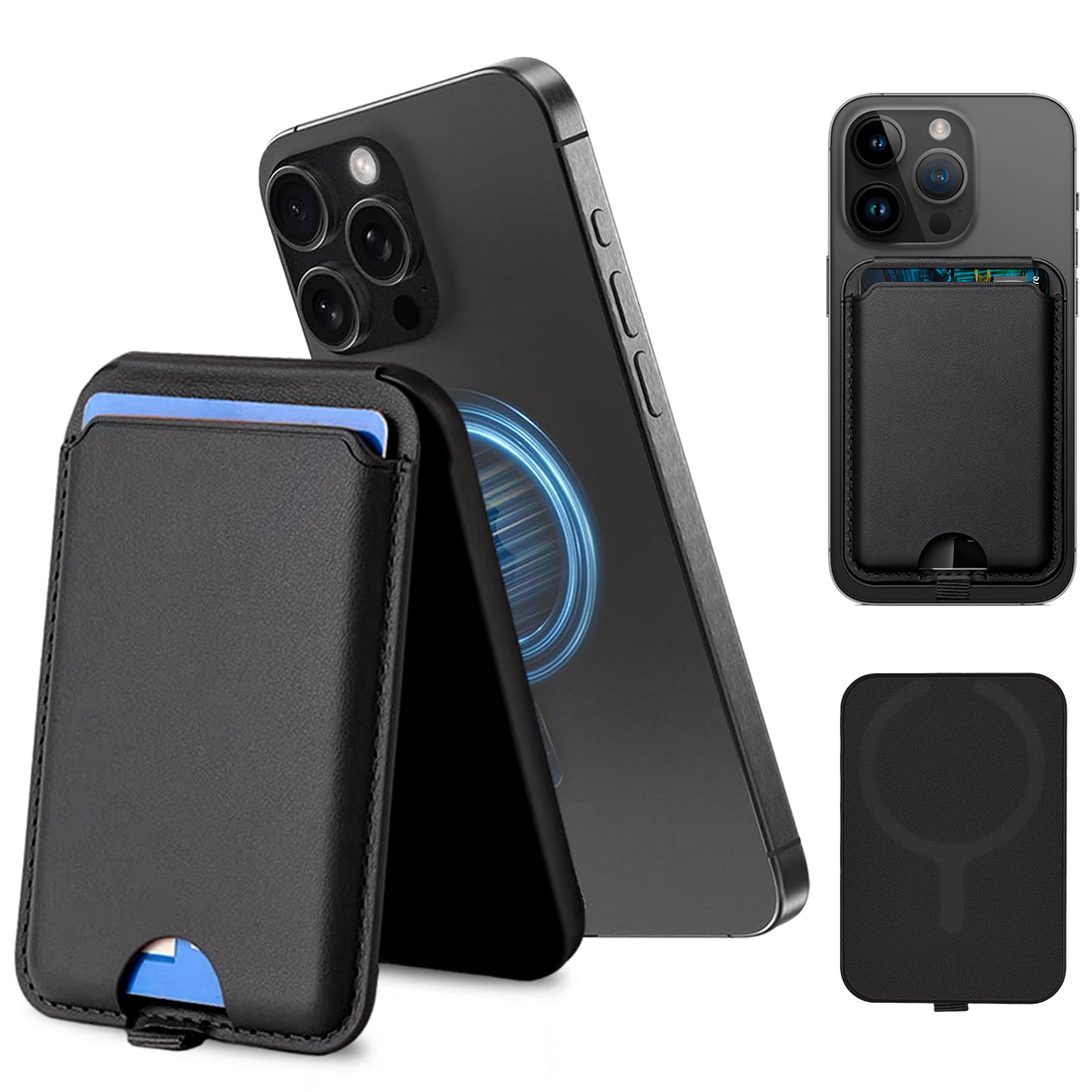 Schwarze Handyhülle mit Kartenhalter. Das Telefon ist schwarz. Mehrere Ansichten gezeigt.