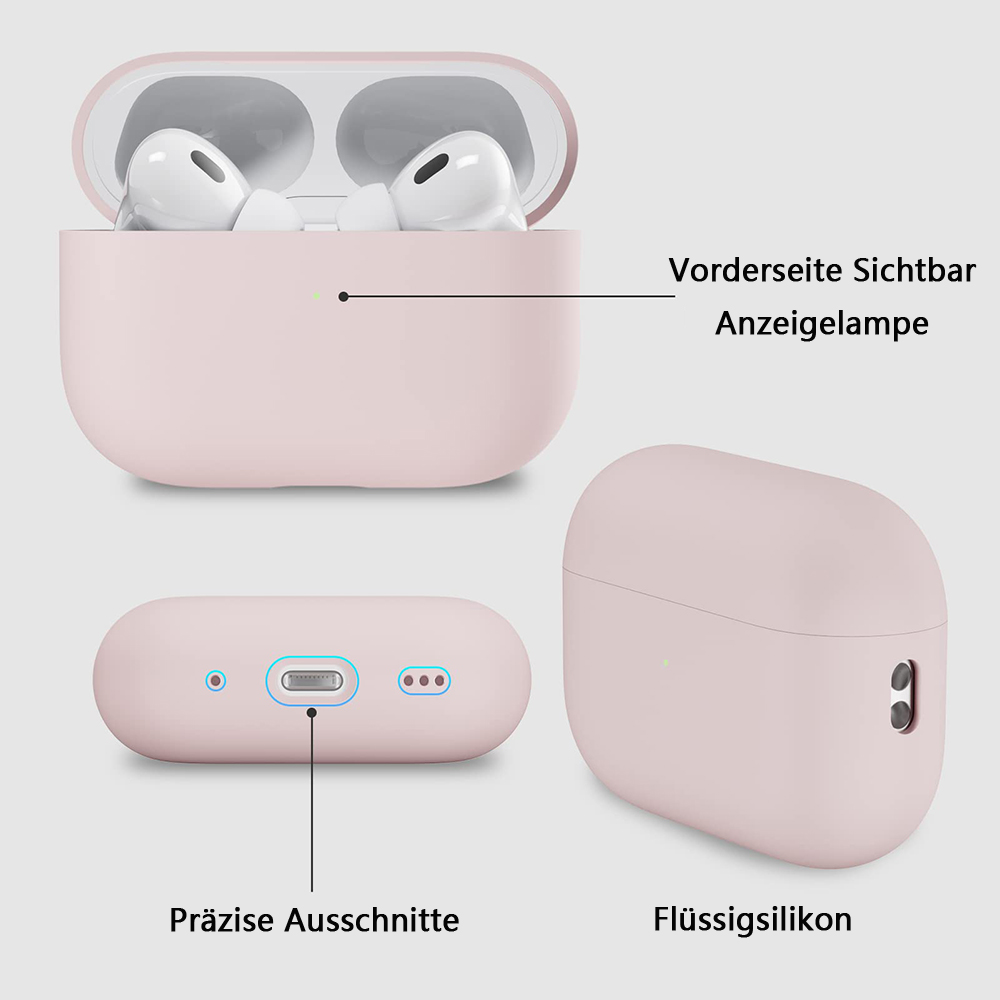 Rosa AirPods-Hülle geöffnet. Weiße Ohrhörer innen. Die Hülle hat einen Ladeanschluss und eine Anzeige.
