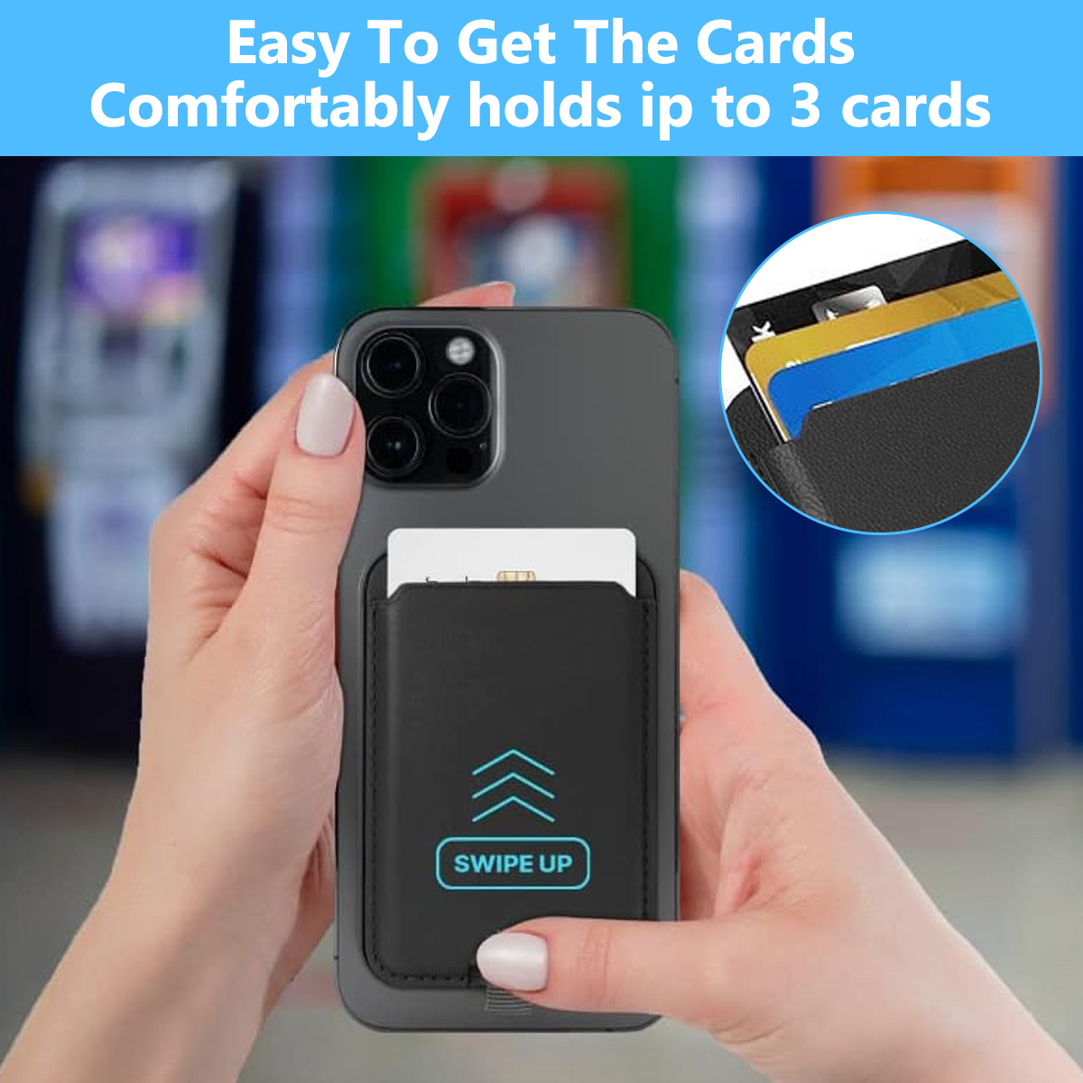 Eine Hand, die ein Telefon mit einem schwarzen Kartenhalter hält. Der Text lautet: 'Easy To Get The Cards'. 'Swipe Up' steht auch da.