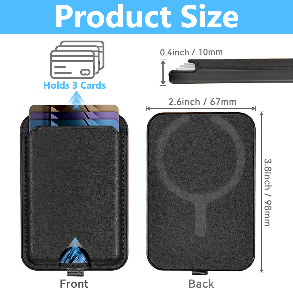 Eine schwarze Telefonbrieftasche zeigt ihre Größe und Kapazität. Sie fasst 3 Karten. Abmessungen: 3,8 x 2,6 Zoll, 0,4 Zoll dick.