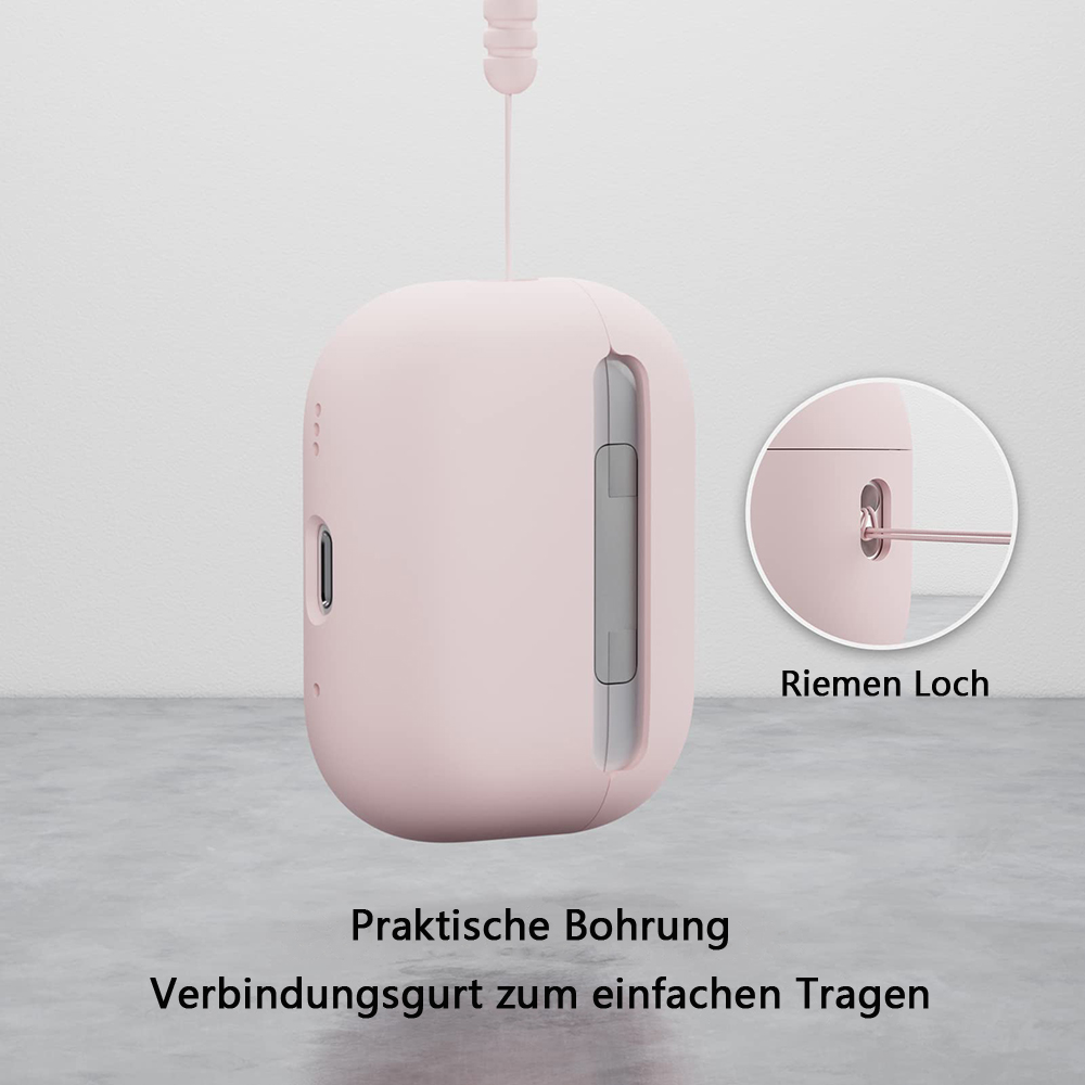Rosa Hülle für Ohrhörer mit Riemenloch. Text beschreibt die Funktion.