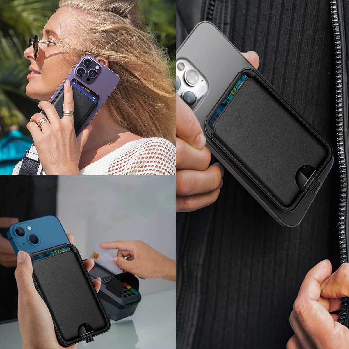 Mehrere Bilder zeigen Telefone mit Kartenhaltern, die gehalten und für Zahlungen verwendet werden.
