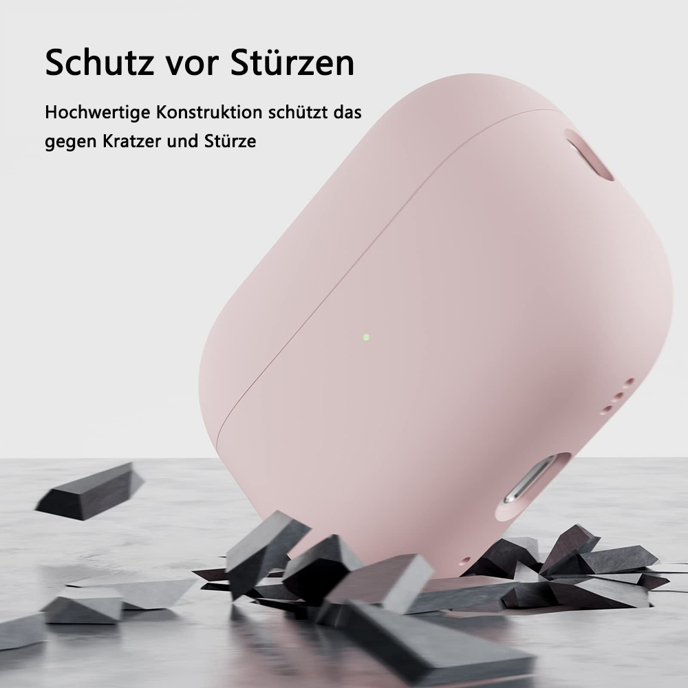 Ein rosa AirPods Pro-Etui wird gezeigt. Es besteht aus strapazierfähigem Material und schützt vor Kratzern und Stürzen.