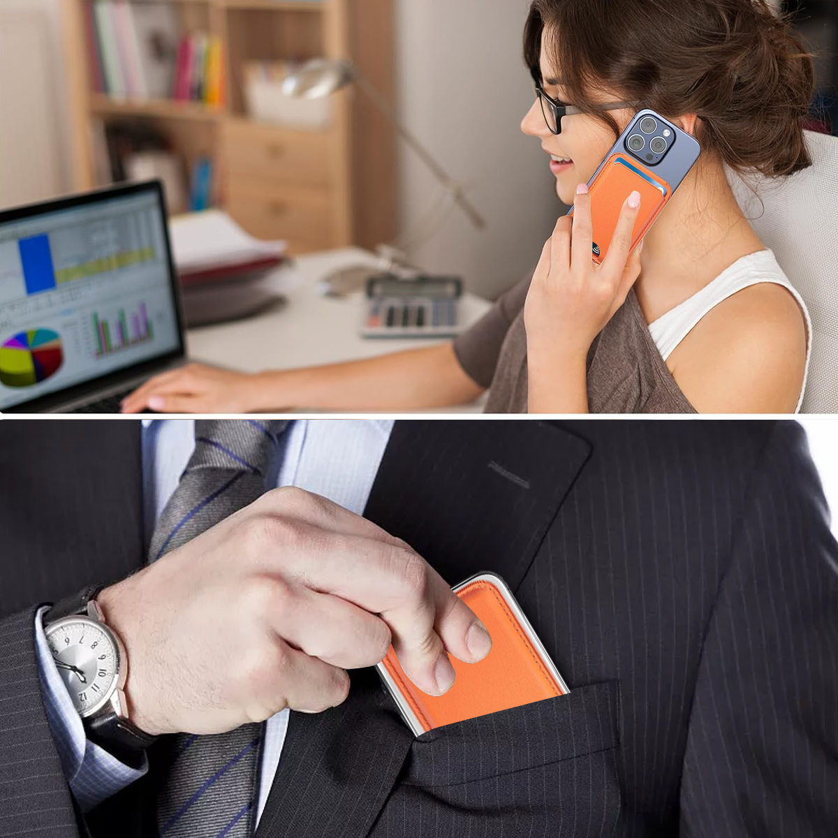 Frau telefoniert und Mann steckt Telefon in Tasche. Beide Telefone haben orangefarbene Hüllen.