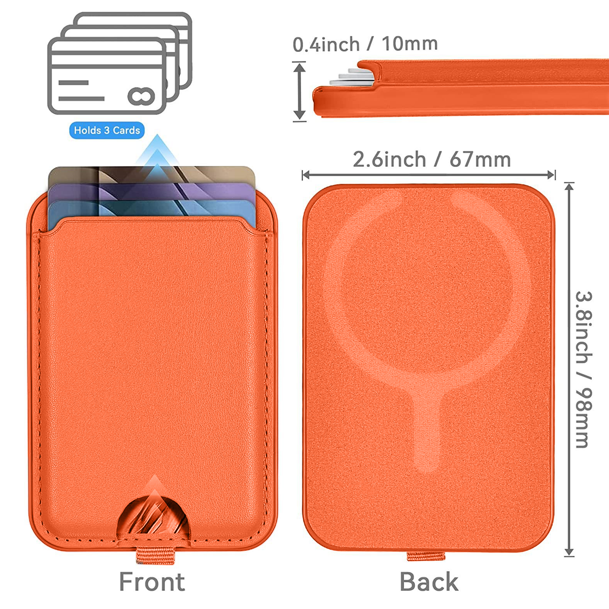 Ein oranges Telefon-Portemonnaie. Es hat Abmessungen und kann drei Karten aufnehmen.