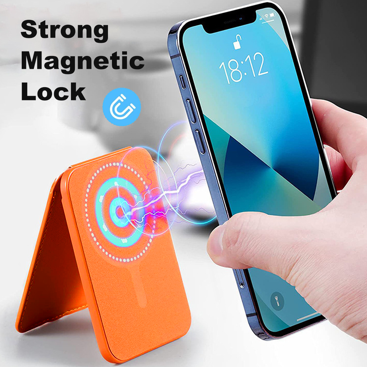 Ein Telefon und eine orangefarbene Geldbörse mit Magnetverschluss. Der Telefonbildschirm ist eingeschaltet.