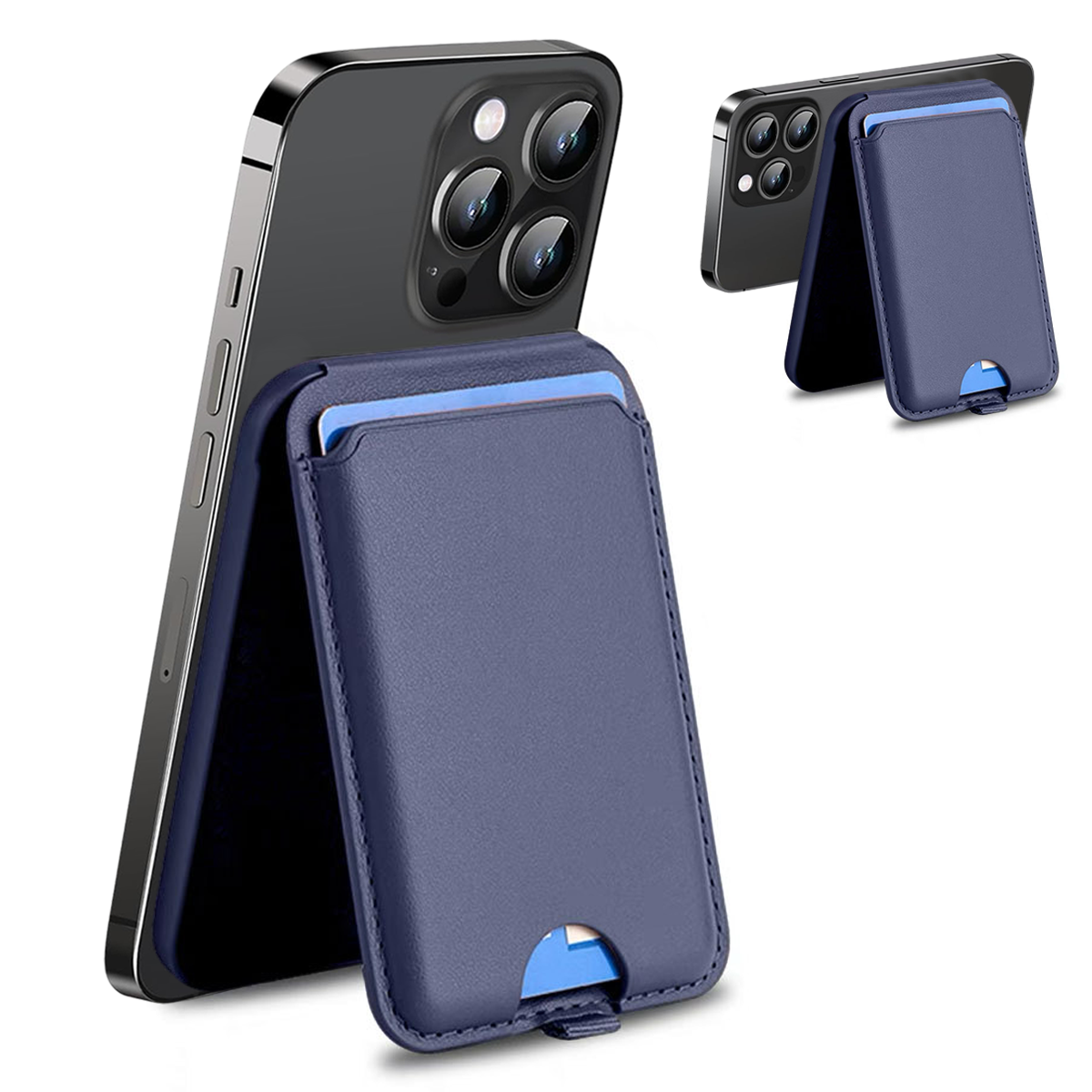 Ein oranges Telefon-Portemonnaie steht neben einem Telefon. Das Portemonnaie enthält Karten.