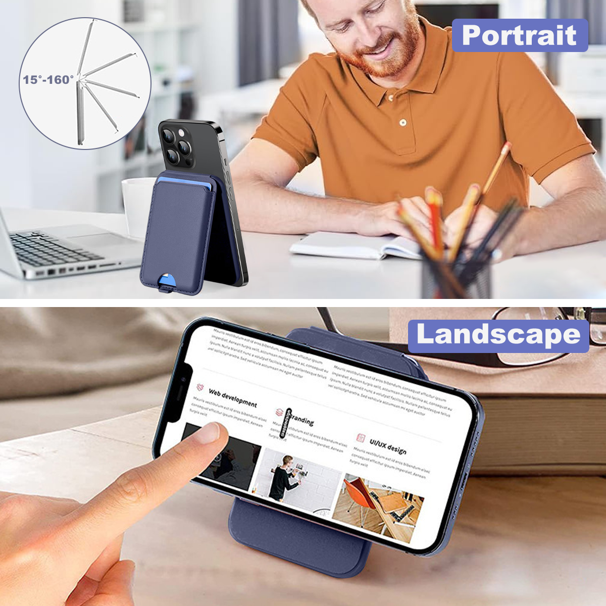 Telefon auf Ständer, Hoch- und Querformat. Mann im orangefarbenen Hemd im Hintergrund. Laptop vorhanden.