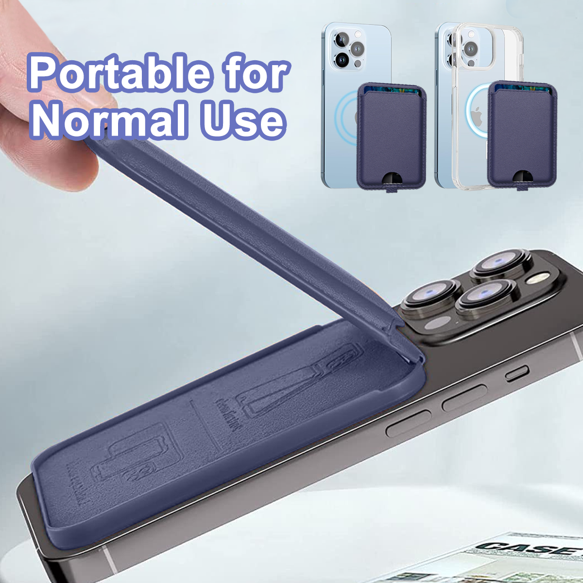 Eine Handyhülle mit Kartenhalter, offen und auf einem Telefon gezeigt. Andere Telefone mit Hüllen werden gezeigt.