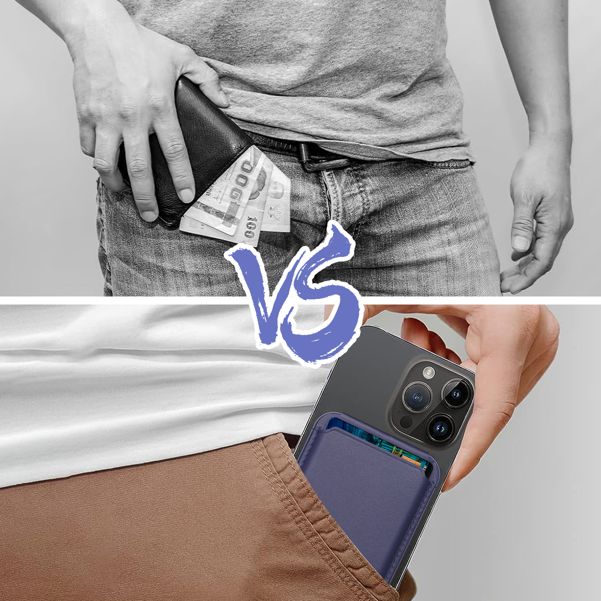 Zwei Bilder. Oben: Mann nimmt Bargeld aus einer Geldbörse. Unten: Telefon und Kartenhalter in der Tasche.