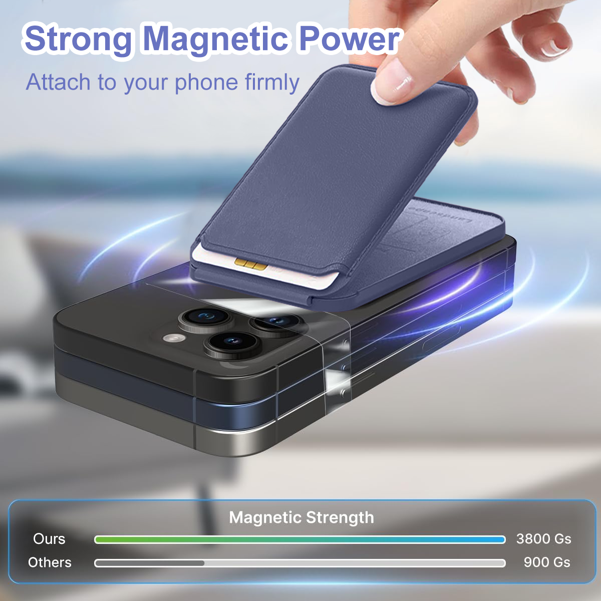 Telefon mit Kartenhalter, Magnetstärke-Grafik. Hand, die Kartenhalter über dem Telefon hält. Blaues Thema.