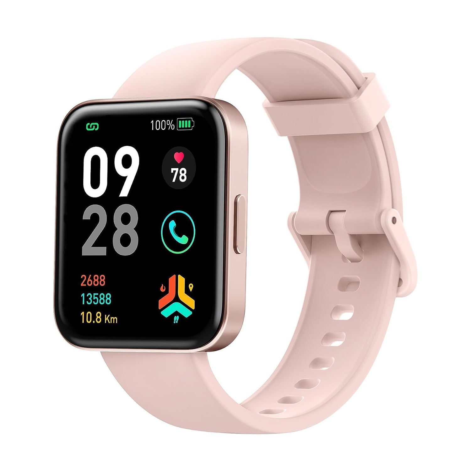 Pinke Smartwatch mit Anzeige von Zeit, Datum, Akku und weiteren Infos. Sie hat ein pinkes Armband.