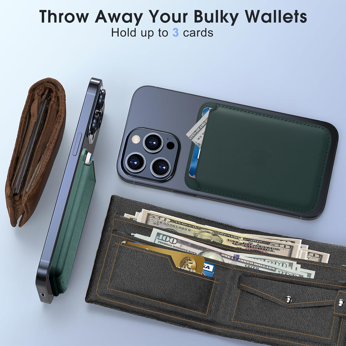 Telefon mit dunkelgrünem Kartenhalter und brauner und schwarzer Brieftasche mit Bargeld und Karten.