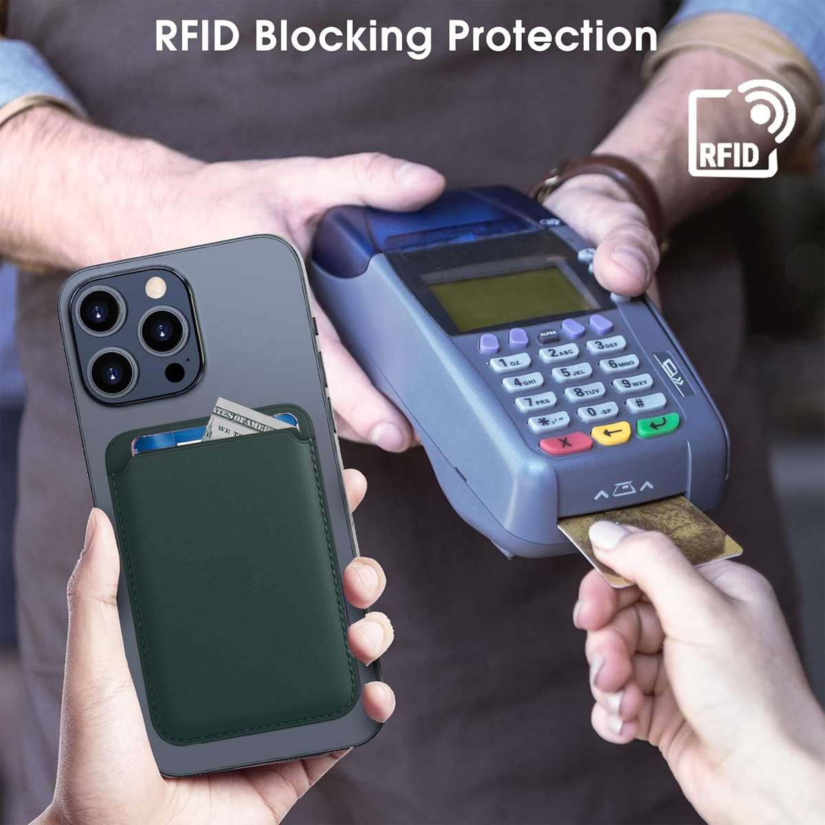 Eine Handyhülle mit Geldbörsenfunktion wird an einem Zahlungsterminal verwendet und zeigt RFID-Blockierung.
