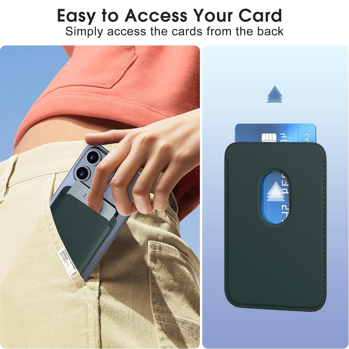 Ein Telefon mit einer Brieftasche in einer Tasche und Nahaufnahme der Brieftasche.