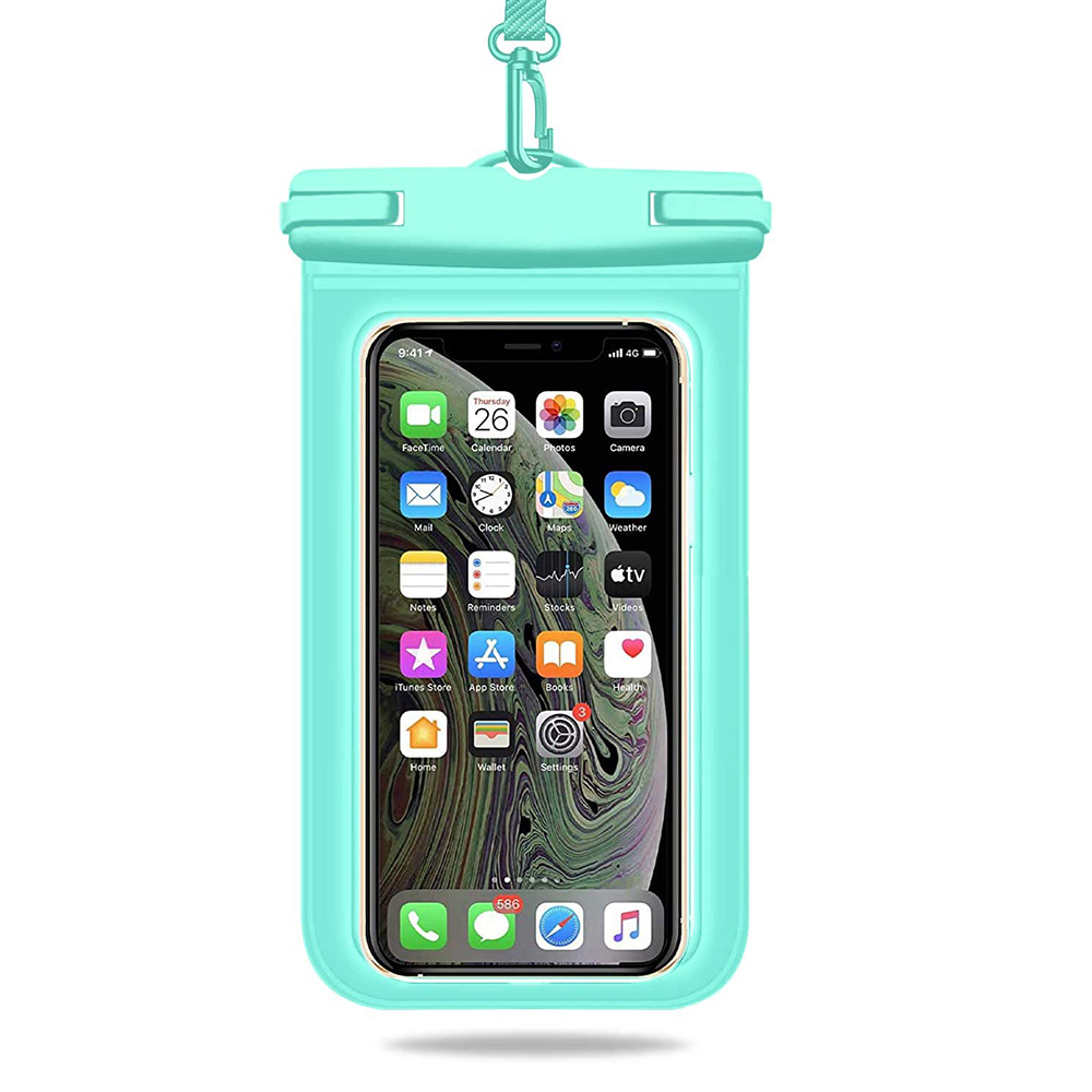 Ein Smartphone in einer türkisblauen wasserdichten Hülle. Der Telefonbildschirm zeigt verschiedene App-Symbole.