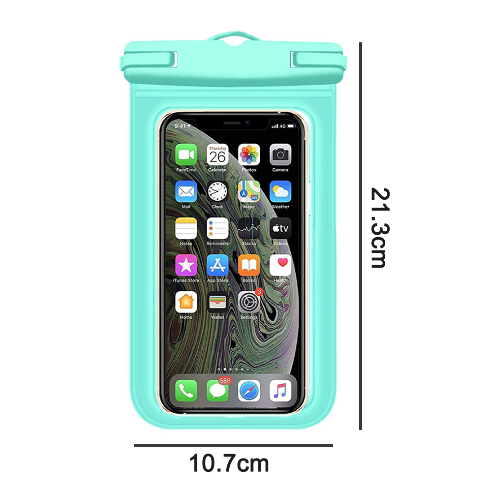 Eine türkis Handyhülle mit einem Telefon darin. Abmessungen sind angegeben. Telefon zeigt Apps, Datum und Uhrzeit.