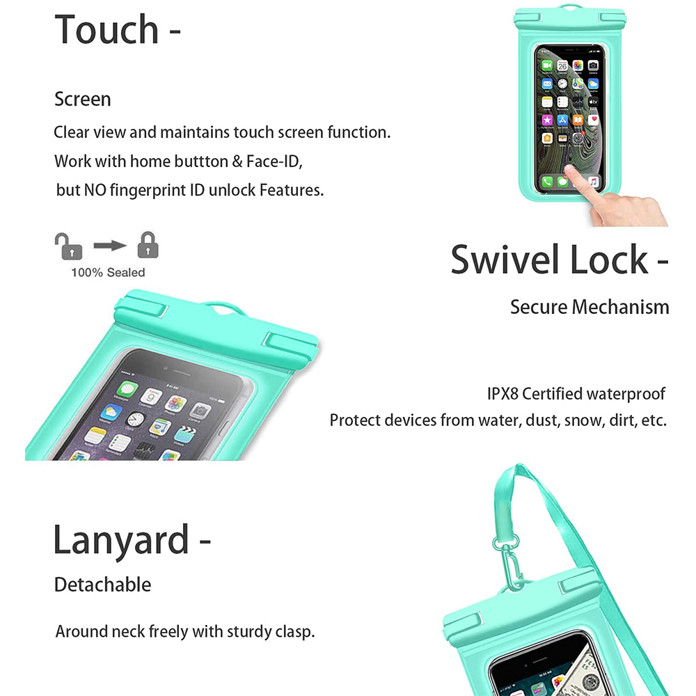 Eine türkisfarbene wasserdichte Handyhülle. Sie hat Text, der ihre Funktionen beschreibt: Touchscreen, Drehverschluss und Schlüsselband.