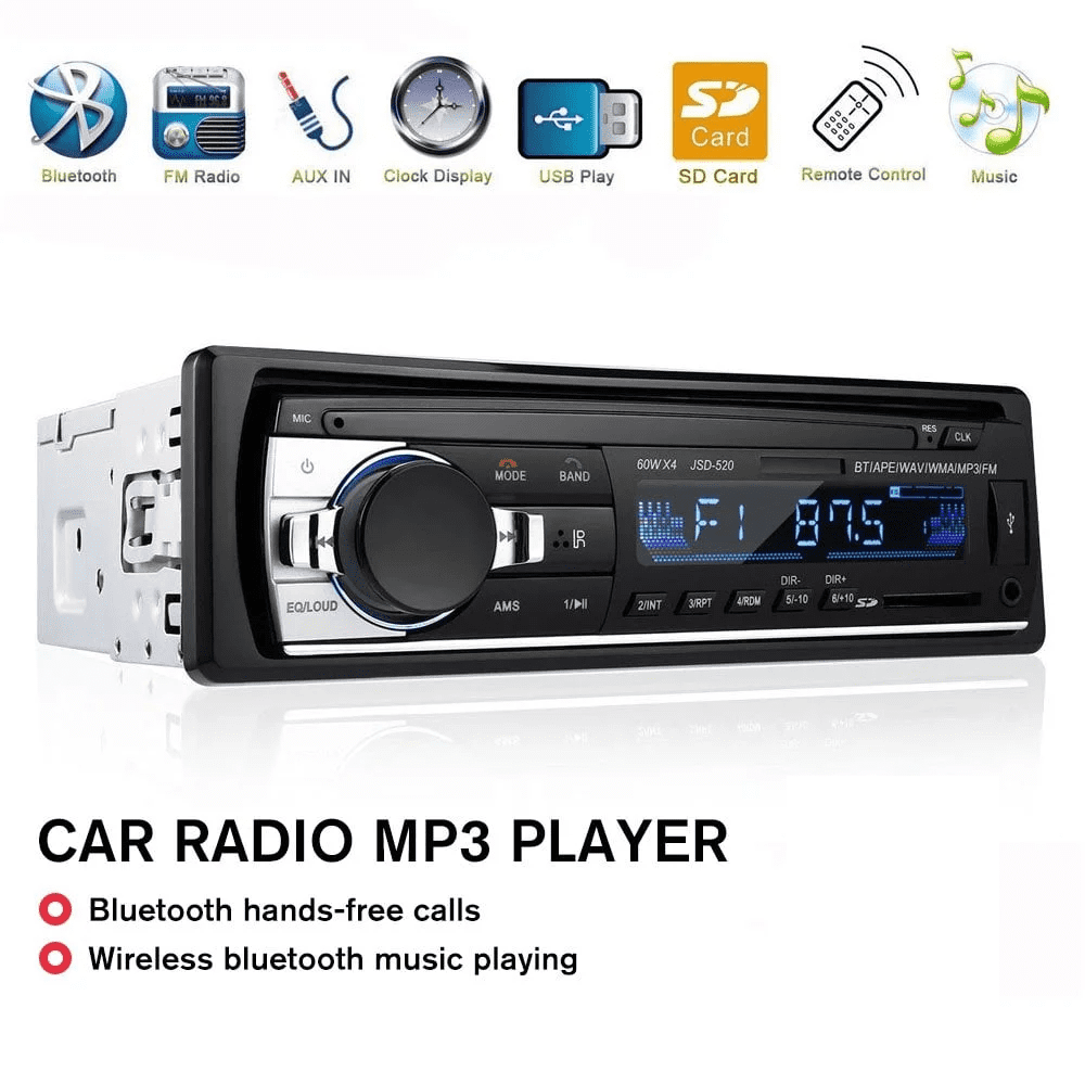 Autoradio MP3-Player mit Symbolen: Bluetooth, UKW-Radio, AUX-Eingang, Uhr, USB, SD-Karte, Fernbedienung, Musik.