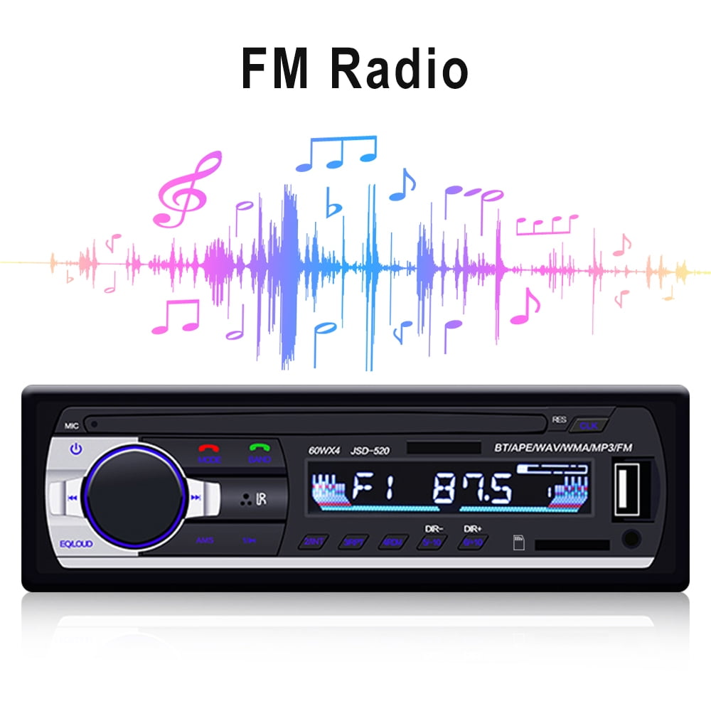Autoradio mit Farbwellen darüber. Text: FM Radio, mit grafischen Noten.