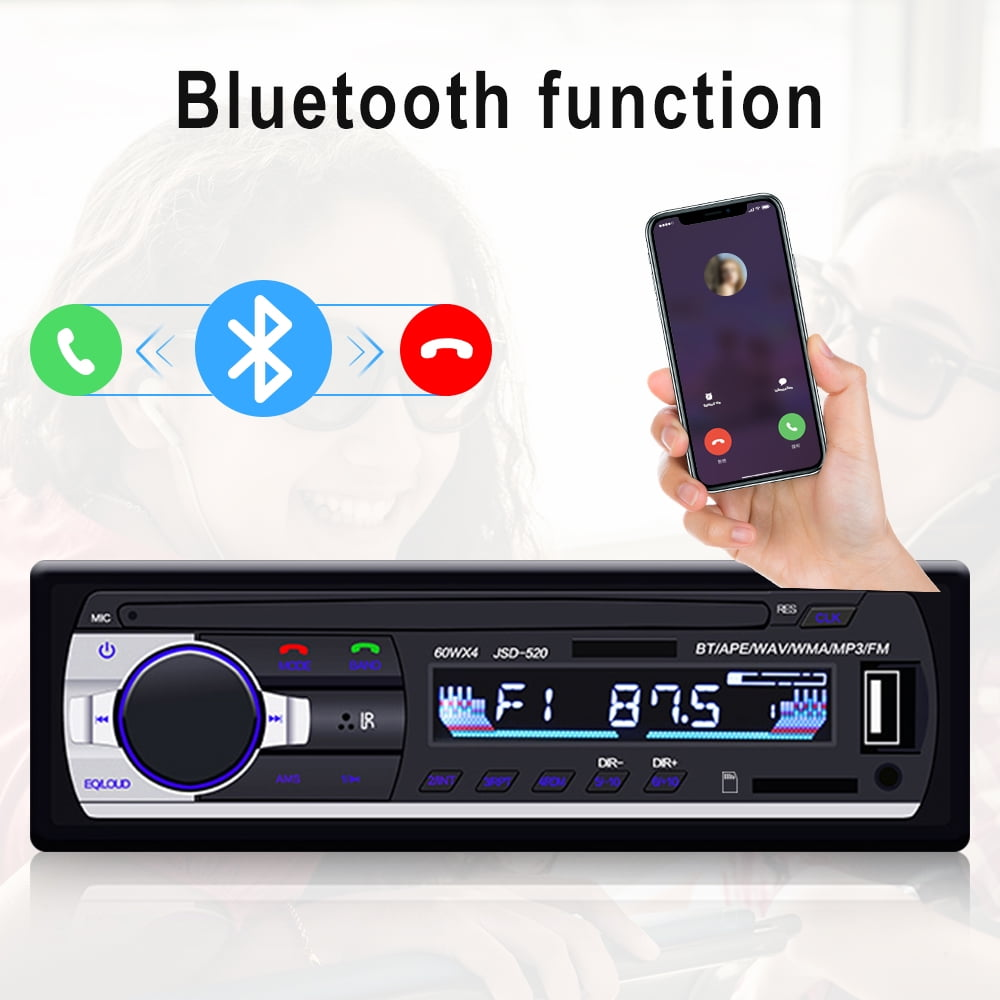 Autoradio mit Telefon in der Hand und Bluetooth-Funktion. Text: Bluetooth-Funktion.