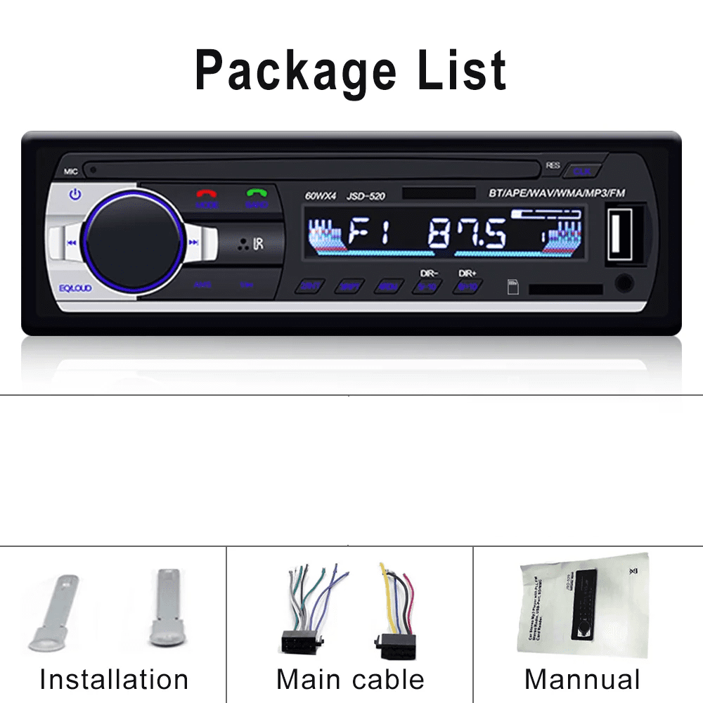 Autoradio mit Komponenten: Installation, Hauptkabel und Handbuch. Text: Paketliste.