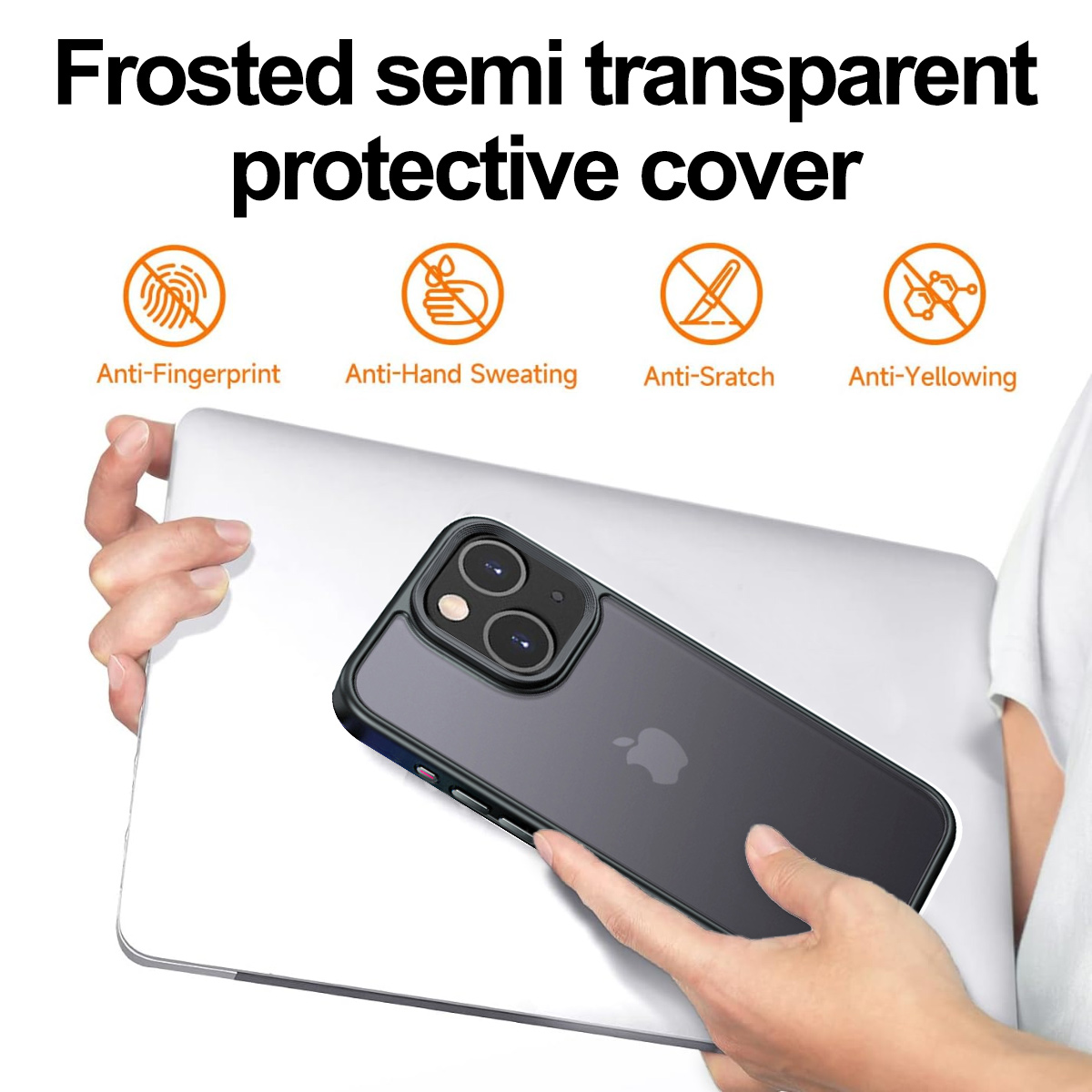 Hand hält Telefon in klarer Hülle. Symbole für Anti-Fingerabdruck, Schweiß, Kratzer und Vergilbung.