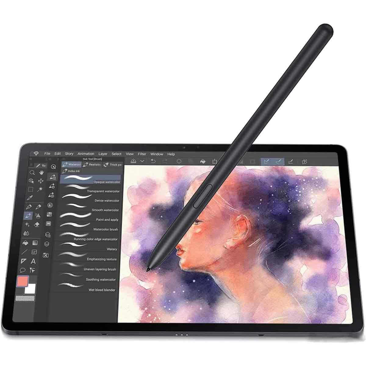 Schwarzer Stift auf Tablet-Bildschirm mit Zeichenanwendung. Zeichnung einer Frau ist auf dem Bildschirm.