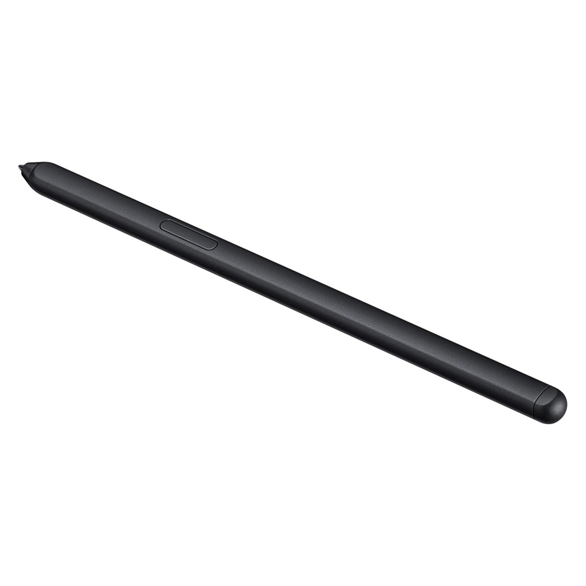Ein schlanker schwarzer Eingabestift liegt schräg auf weißem Hintergrund.