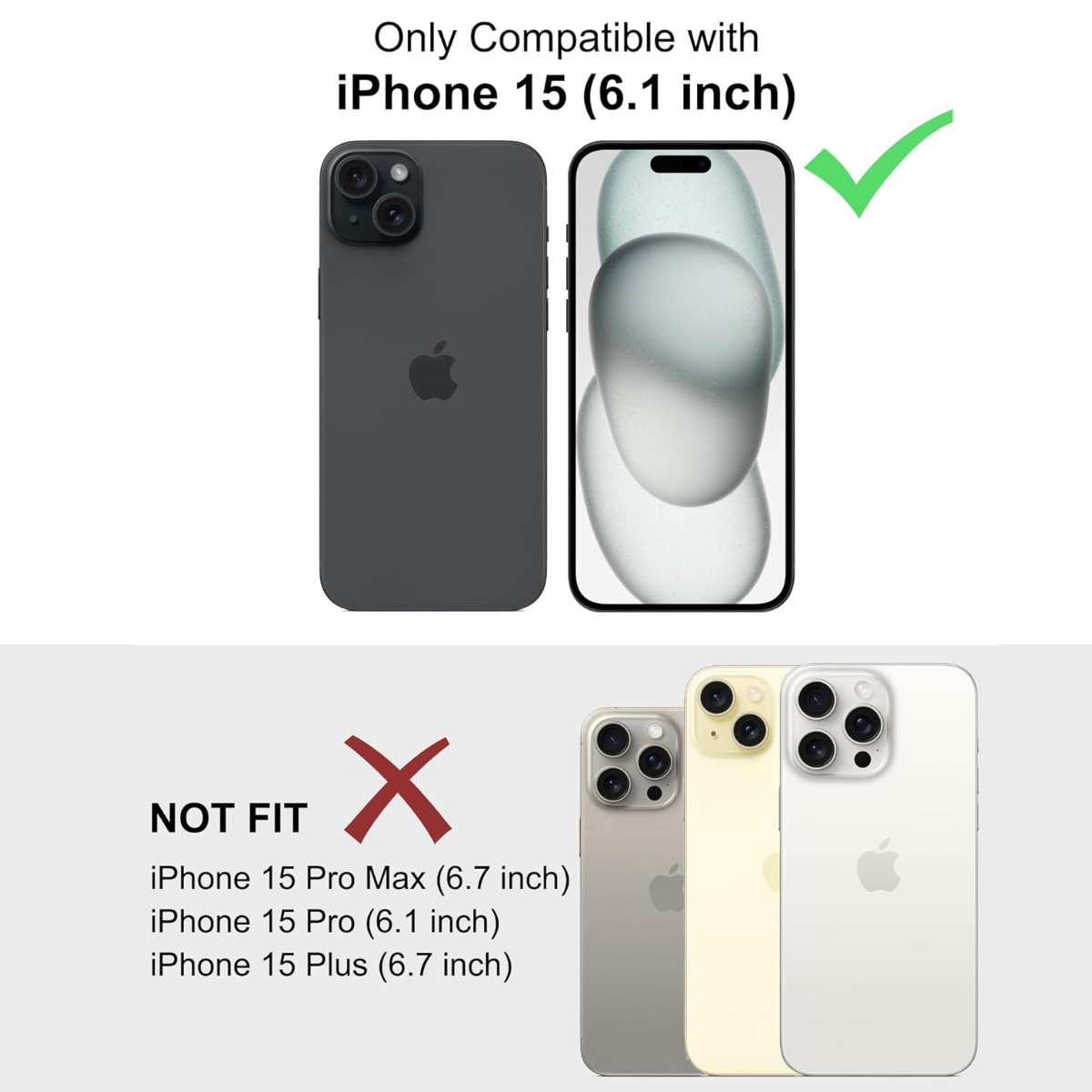 Bild zeigt zwei Telefone, eines passt für iPhone 15, die anderen sind nicht kompatibel.