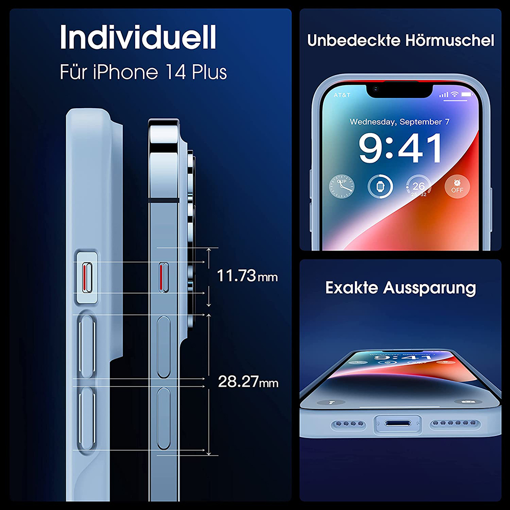 Das Bild zeigt eine hellblaue Handyhülle und ein iPhone 14 Plus. Abmessungen und Funktionen werden hervorgehoben.