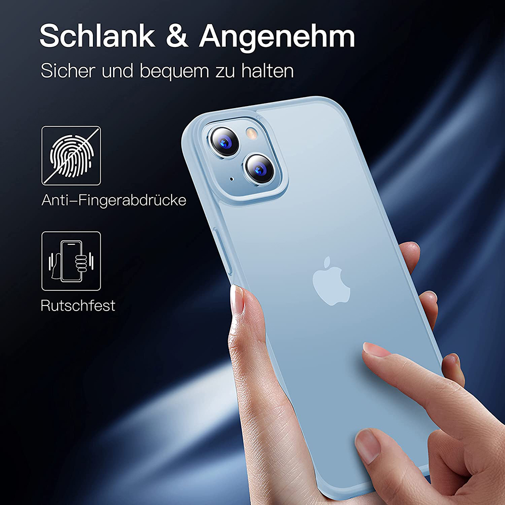 Das Bild zeigt eine blaue iPhone-Hülle. Zu den Merkmalen gehören Anti-Fingerabdruck, rutschfester Griff und angenehmes Gefühl.