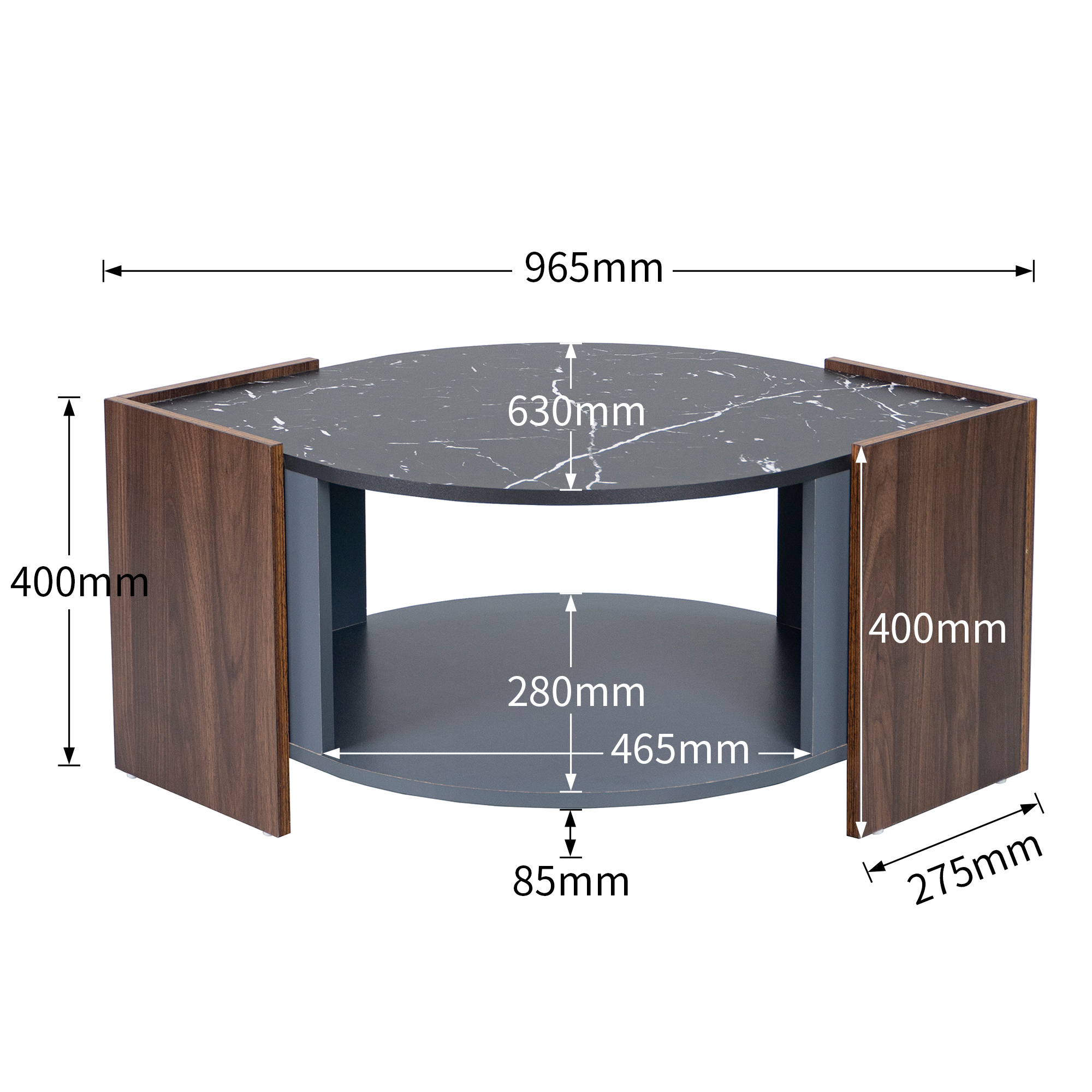 Ein Tisch mit schwarzer Marmorplatte, Holzseiten und einem grauen Regal, mit Maßangaben.