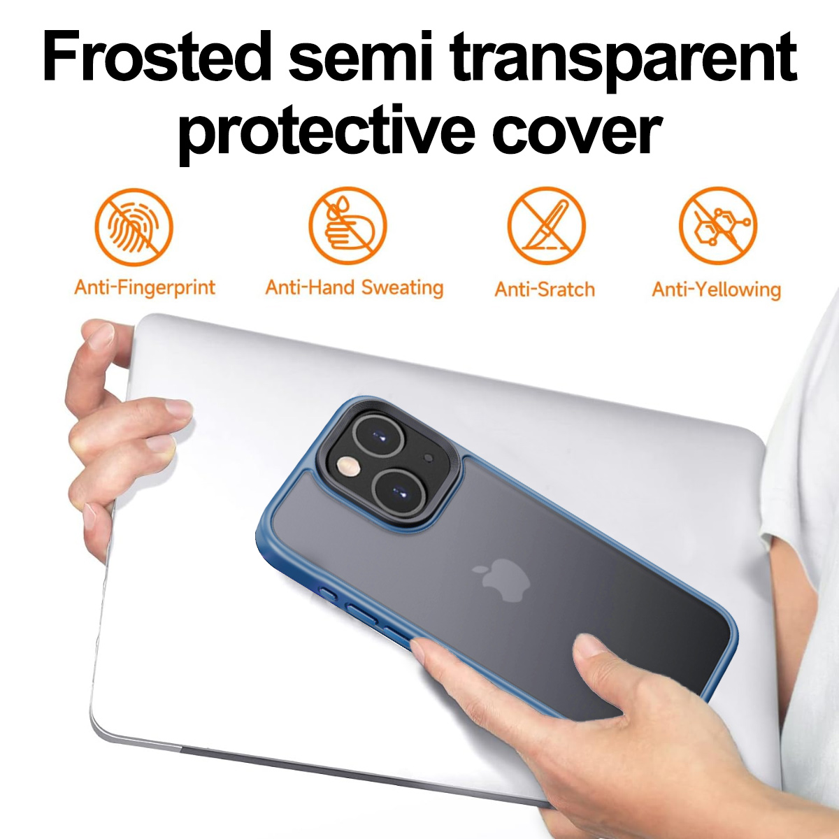 Eine Hand hält eine Handyhülle über einem Laptop. Die Hülle ist transparent und schützt das Telefon.