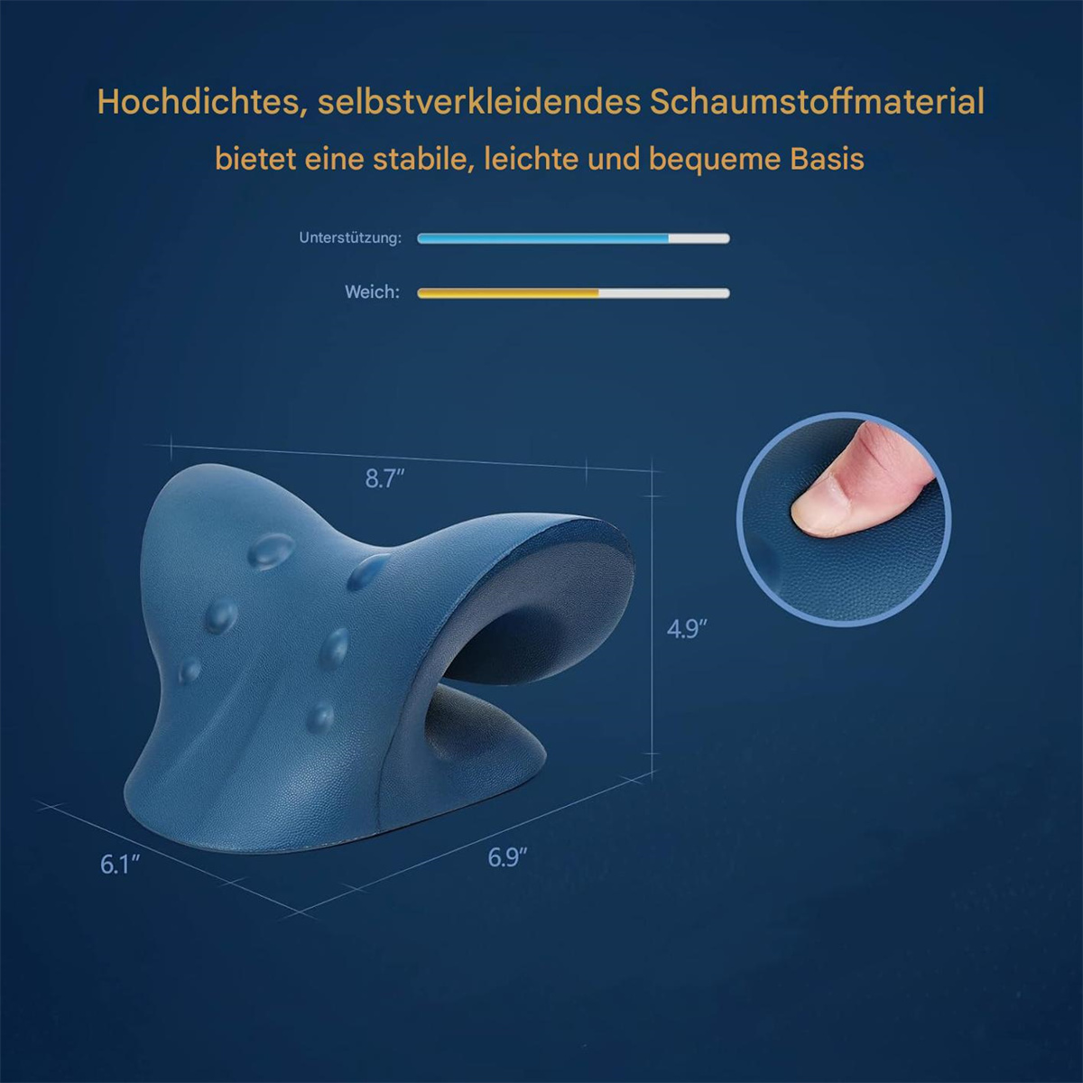 Blaues Nackenkissen. Misst 8,7"x6,9"x6,1"x4,9". Text zeigt Unterstützung und Weichheit an.
